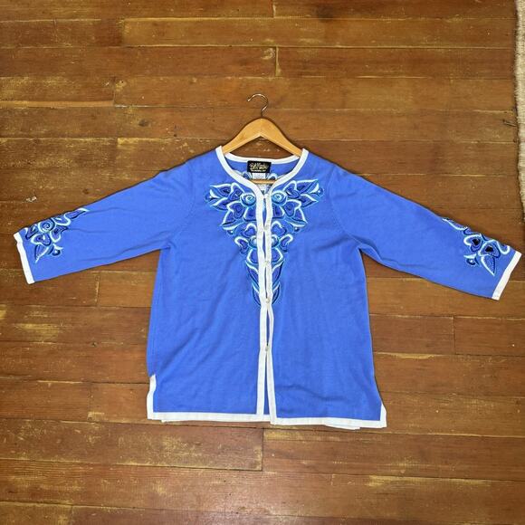 BOB MACKIE Wearable Art Blue Embroidered Cardigan Sweater Cutout Floral Granny S - Picture 5 of 16